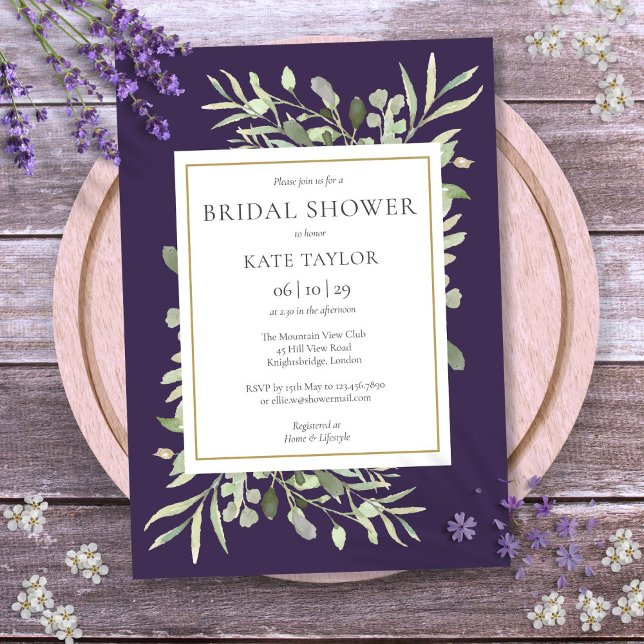 Elegant Purple Gold Greenery Foliage Bridal Shower Invitation (Elegant Purple Gold Greenery Foliage Bridal Shower Invitation)