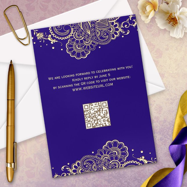 Elegant Purple Gold Henna Lace RSVP Card (Elegant purple wedding RSVP card featuring a gold styled henna or tattoo inspired design)