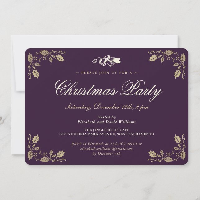 Elegant Purple Gold Holly Christmas Holiday Party Invitation (Front)
