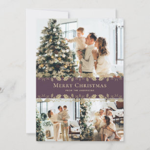 Elegant Purple Gold Holly Photo Christmas Card