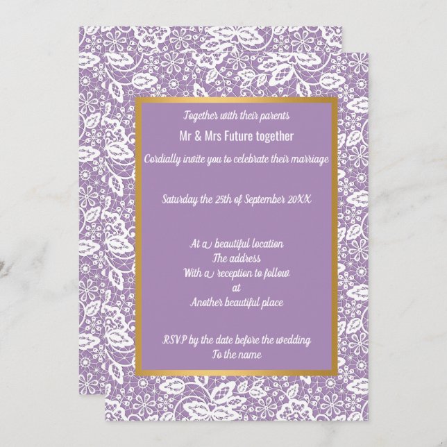 ELEGANT PURPLE GOLD LACE WEDDING INVITATION (Front/Back)