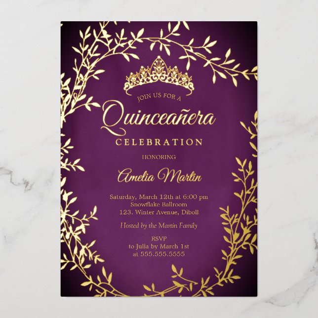 Elegant Purple Gold Leaf Wreath Quinceanera (Front)