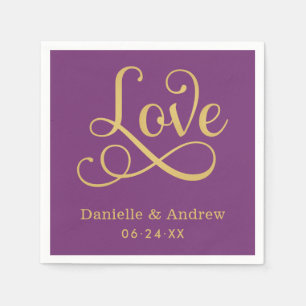 Elegant Purple Gold Love Calligraphy Wedding Napkin