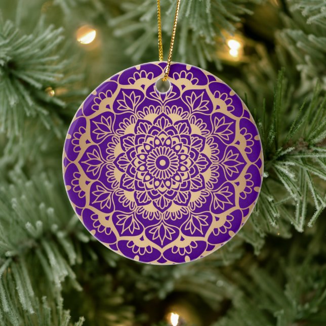 Elegant Purple Gold Mandala Boho Chic Flower Ceramic Ornament (Tree)