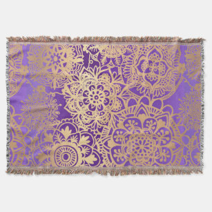 Elegant Purple Gold Mandala Pattern Throw Blanket