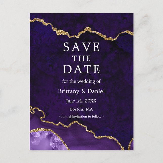 Elegant Purple Gold Marble Geode Save The Date Announcement Postcard (Front)