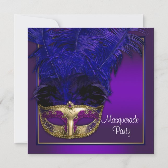 Elegant Purple Gold Masquerade Party Invitations (Front)