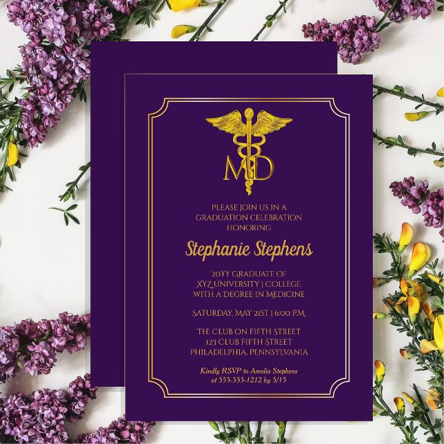 Elegant Purple| Gold MD Physician Graduation Party Invitation (Elegant Purple and Gold Tone MD Physician Graduation Non-Photo Announcement and Party Invitation)