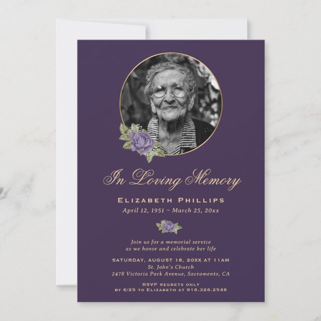 Elegant Purple Gold Memorial Service Photo Invitation (Front)