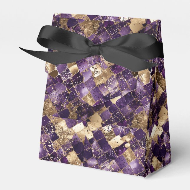 Elegant Purple & Gold Metallic Chequerboard Favor Box (Front Side)