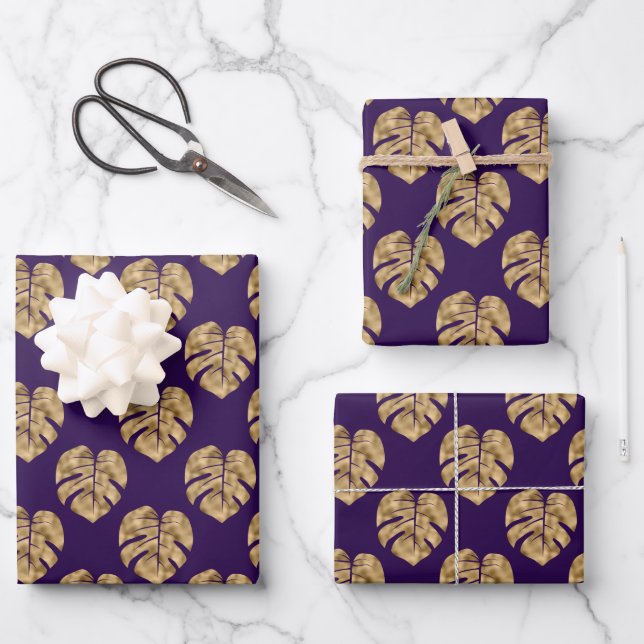 Elegant Purple Gold Palm Leaf Pattern Wrapping Paper Sheet (Front)