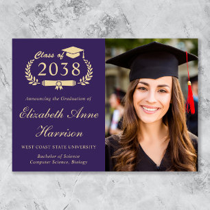 Elegant Purple Gold Photo College Graduation Announcement