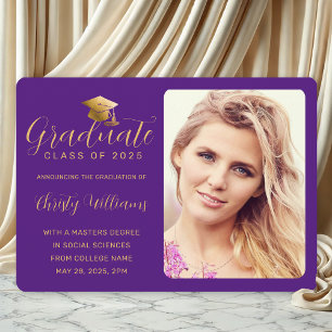 Elegant Purple Gold Photo College Graduation Announcement