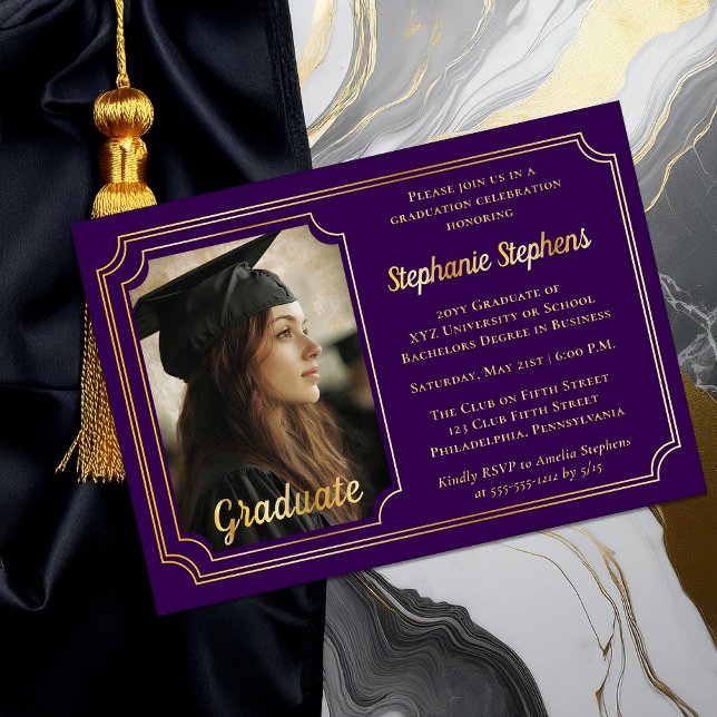 Elegant Purple & Gold Photo Graduation Party  (Elegant Purple and Gold Foil Graduation Party Invitation with Photo and Scalloped Frame)