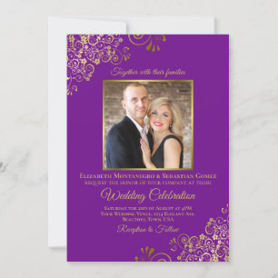 Elegant Purple & Gold Photo & QR Code Wedding Invitation