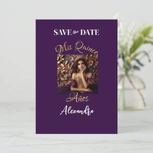 Elegant Purple Gold Photo Quinceañera Spanish Save The Date