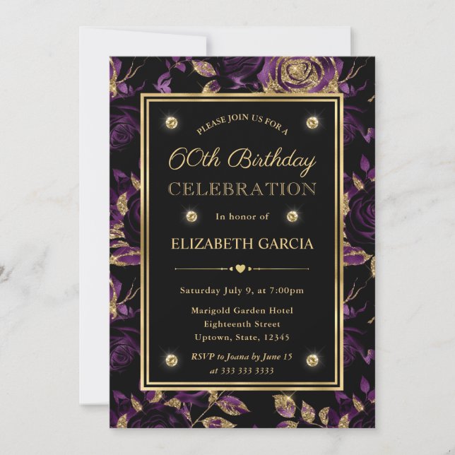 Elegant Purple & Gold Rose Floral 60th Birthday Invitation (Front)