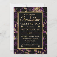 Elegant Purple & Gold Rose Floral Graduation
