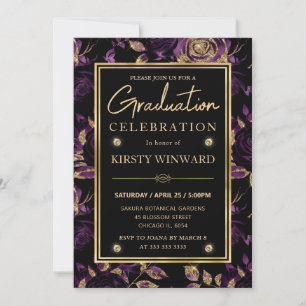 Elegant Purple & Gold Rose Floral Graduation Invitation