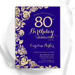 Elegant Purple Gold Roses 80th Birthday Invitation<br><div class="desc">Purple Gold Floral 80th Birthday Party Invitation. Elegant design featuring roses,  faux gold foil and typography script font. Trendy invite card perfect for a stylish female bday celebration. Can be customized to any age. Printed Zazzle invitations or instant download digital printable template.</div>