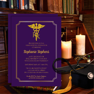 Elegant Purple   Gold Rx Pharmacy Graduation Party Invitation