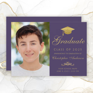 Elegant Purple Gold Script Cap Photo Graduation Announcement