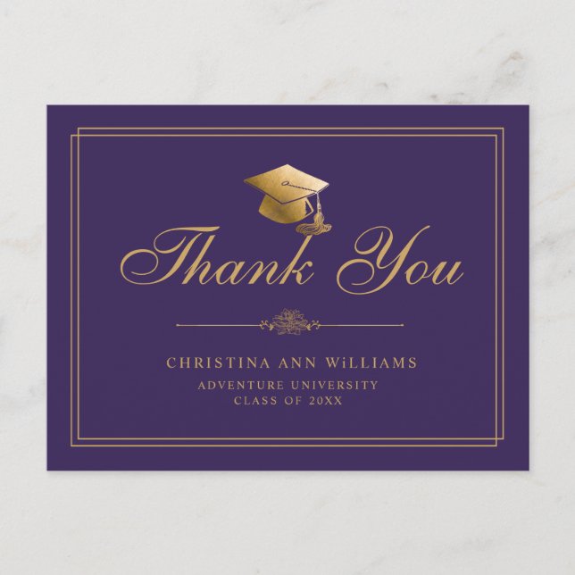 Elegant Purple Gold Script Graduation Thank You Postcard (Front)