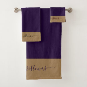 Elegant purple gold script Merry Christmas  Bath Towel Set