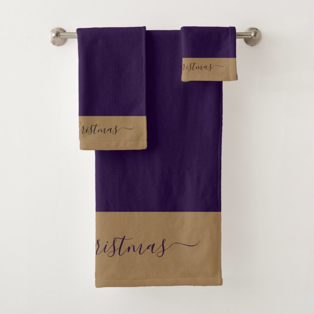 Elegant purple gold script Merry Christmas  Bath Towel Set (Insitu)