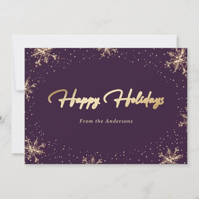 Elegant Purple Gold Script Snowflake Holiday Card (Front)