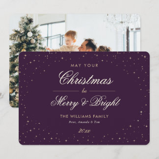Elegant Purple Gold Stars Photo Christmas Holiday Card