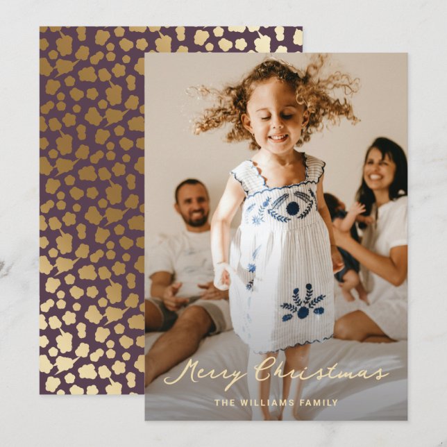 Elegant Purple Gold Stars Script Photo Christmas Holiday Card (Front/Back)
