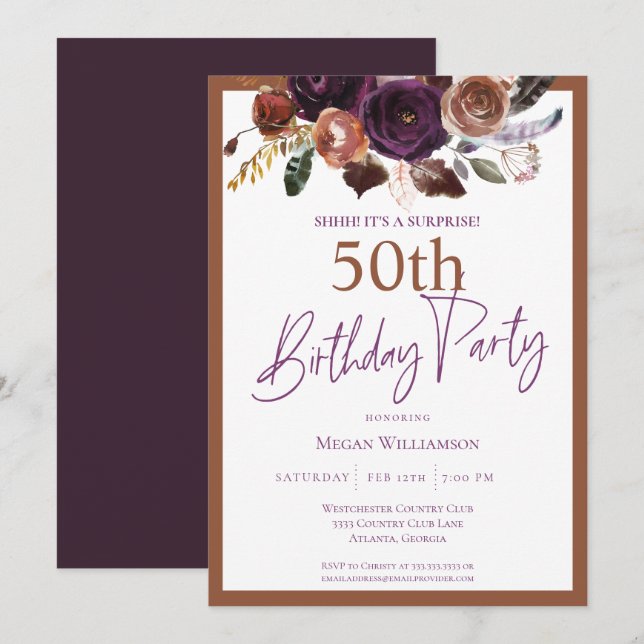 Elegant Purple Gold Surprise 50th Birthday Party Invitation (Front/Back)