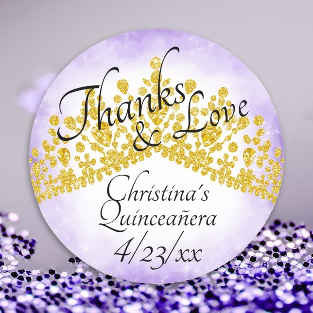 Elegant Purple & Gold Tiara Quinceanera Sticker (round gold lavender purple quinceanera stickers gold tiara crown elegant script writing label favor)