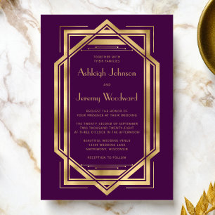 Elegant Purple Gold Vintage 1920s Deco Wedding Invitation