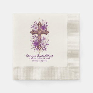 Elegant Purple Gold Watercolor Floral Cross Napkin