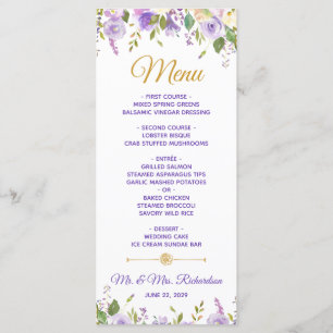 Elegant Purple Gold Watercolor Floral Wedding Menu