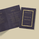 Elegant purple gold wedding folded program<br><div class="desc">Modern simple minimalist typography dark purple and faux gold folded ceremony and party wedding program template on a vintage style antique distressed looking background.              Easy to personalize with your text on the front,  back and inside!</div>