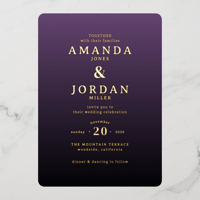 Elegant Purple Gold Wedding Invitation (Front)