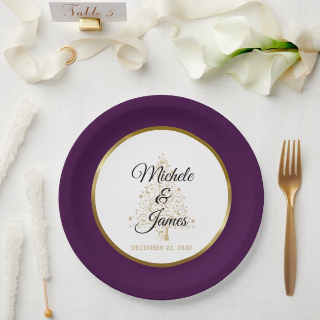 Elegant Purple Gold Winter Holiday Wedding Paper Plate (Wedding)