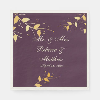 Elegant Purple Golden Leaves Napkin