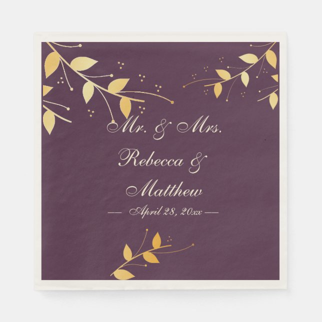 Elegant Purple Golden Leaves Napkin (Front)