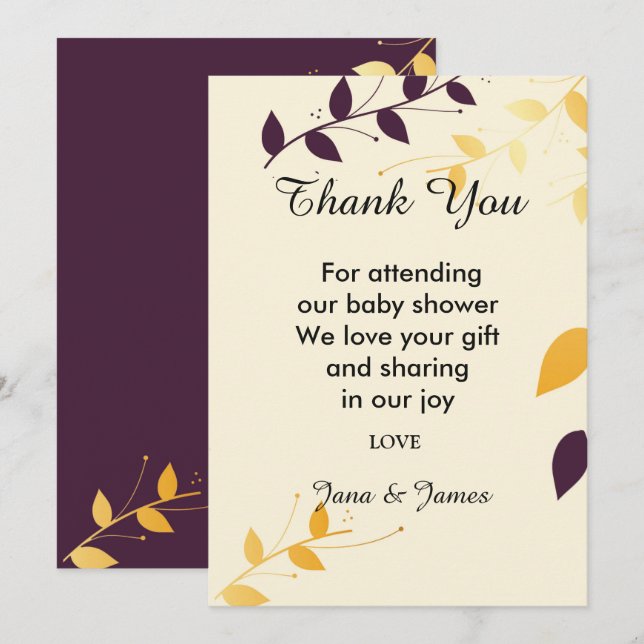 Elegant Purple Golden Leaves thank you Invitation (Front/Back)