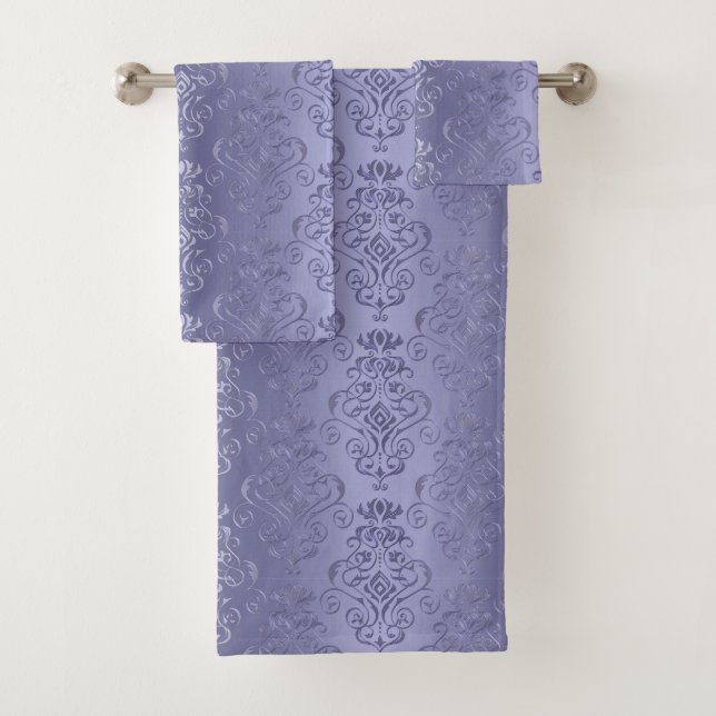 Elegant Purple Gradient Floral Damask Print Bath Towel Set (Insitu)