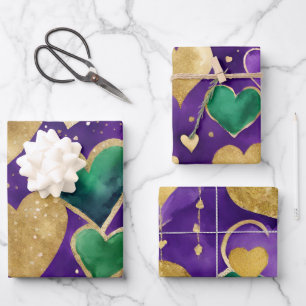 Elegant Purple, Green and Gold Hearts Mardi Gras Wrapping Paper Sheet