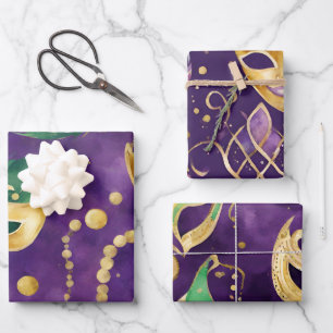 Elegant Purple, Green and Gold Masks Mardi Gras Wrapping Paper Sheet