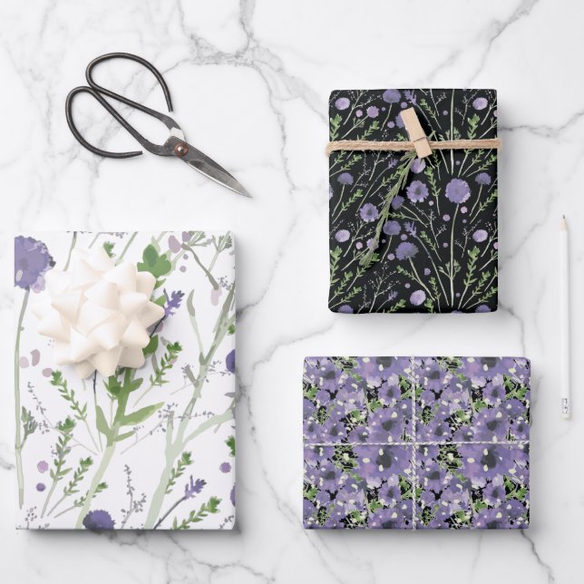 Elegant  Purple Green Black Floral Pattern Wrapping Paper Sheet (Front)