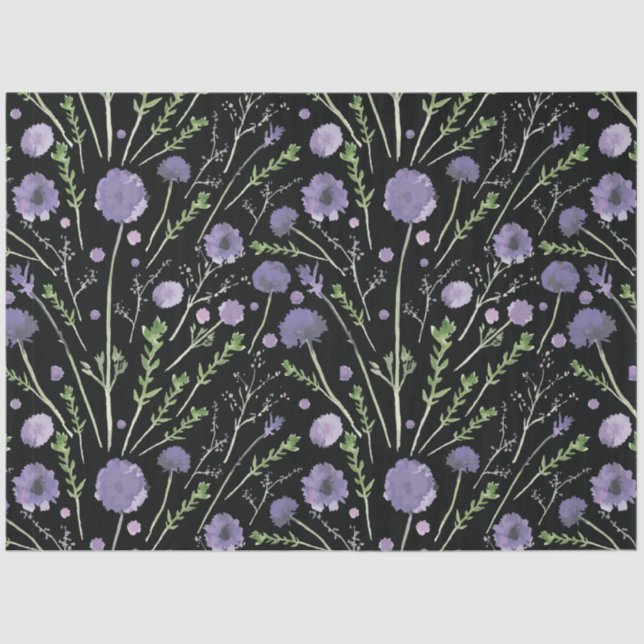 Elegant Purple Green Black Watercolor Flowers Tissue Paper (Front)