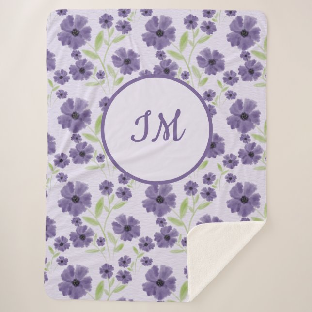 Elegant Purple Green Floral Monogram Pattern Sherpa Blanket (Front)