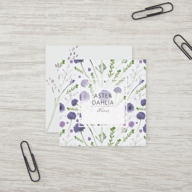 Elegant Purple Green Watercolor Flowers  Square Business Card (Front/Back In Situ)